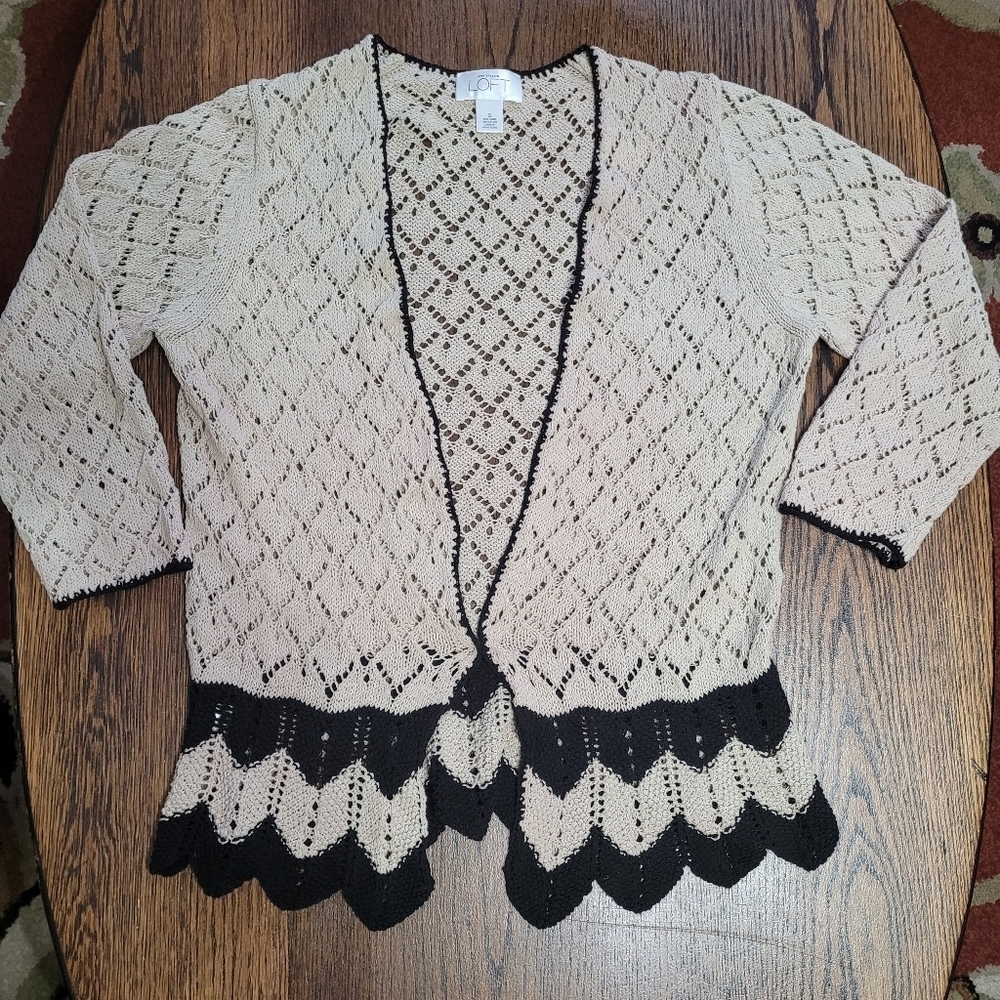 Ann Taylor LOFT Tan Black Crochet Open Front Cardigan Sweater Size Womens Small